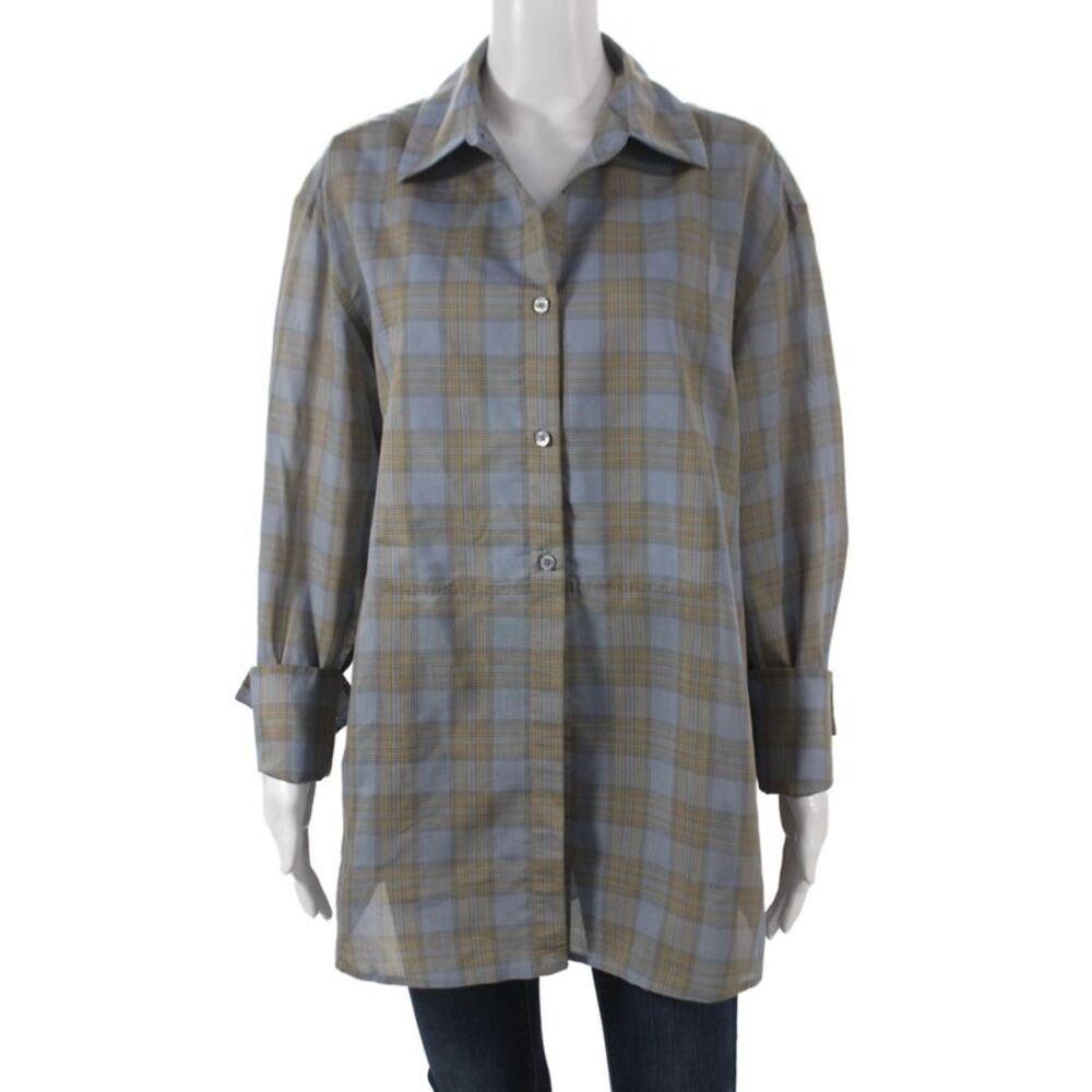 Kallmeyer Women Tunic Button-Up Collared Plaid Blue Long Sleeve Size L